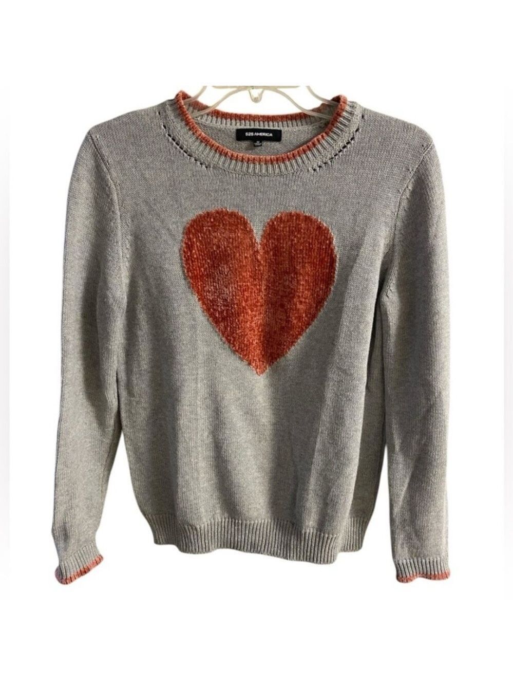 525 America Gray Sweater with Orange Heart chenille Medium